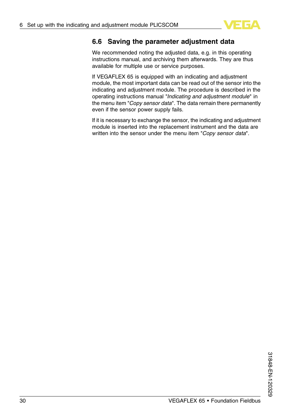 6 saving the parameter adjustment data | VEGA VEGAFLEX 65 Foundation Fieldbus User Manual | Page 30 / 56
