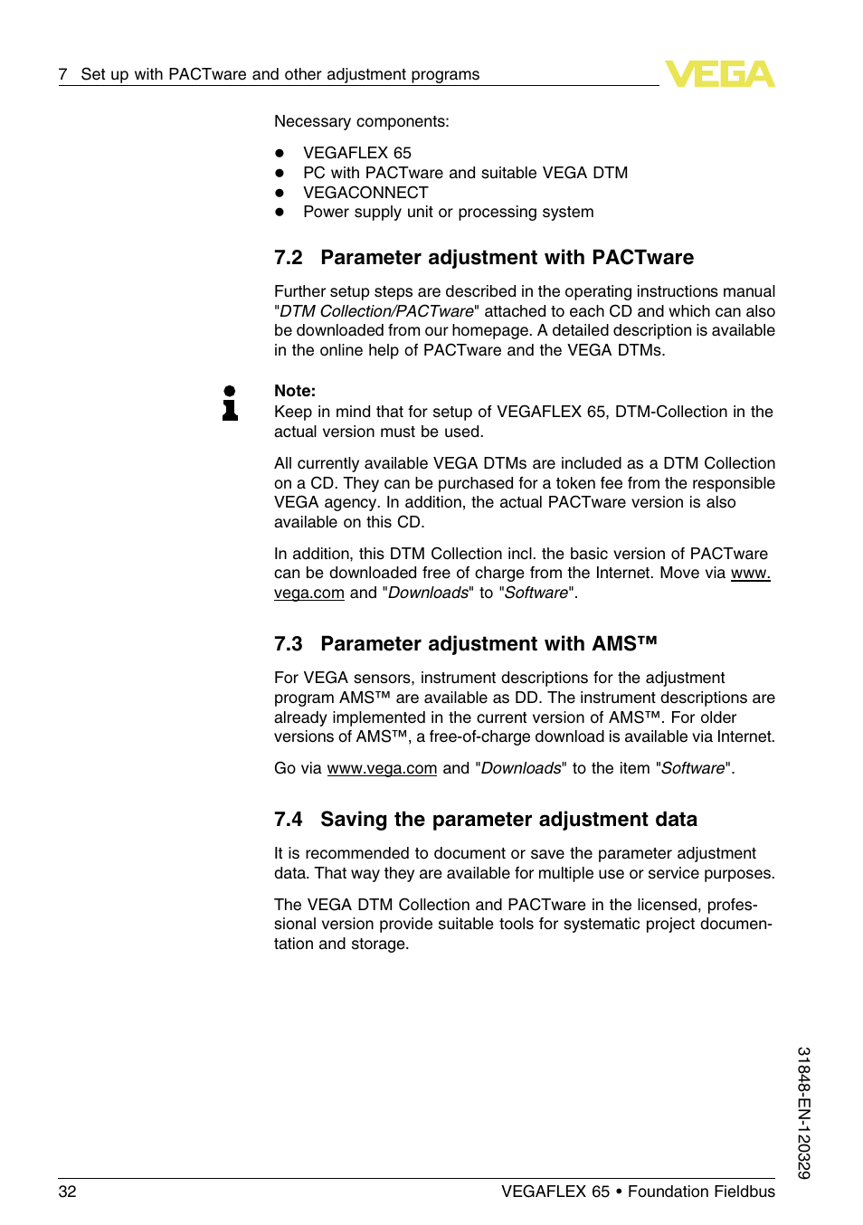 2 parameter adjustment with pactware, 3 parameter adjustment with ams, 4 saving the parameter adjustment data | VEGA VEGAFLEX 65 Foundation Fieldbus User Manual | Page 32 / 56