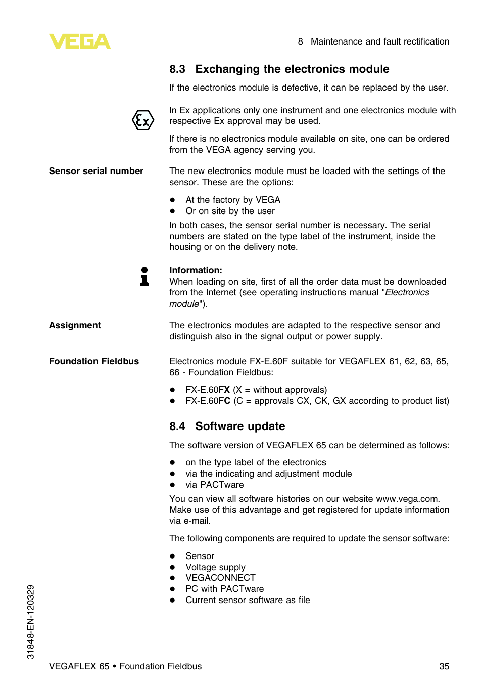 3 exchanging the electronics module, 4 software update | VEGA VEGAFLEX 65 Foundation Fieldbus User Manual | Page 35 / 56