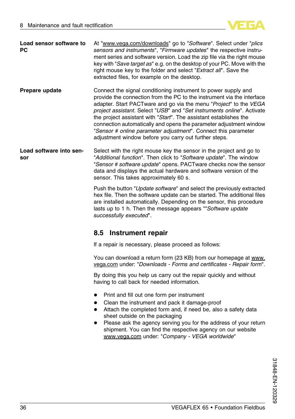 5 instrument repair | VEGA VEGAFLEX 65 Foundation Fieldbus User Manual | Page 36 / 56