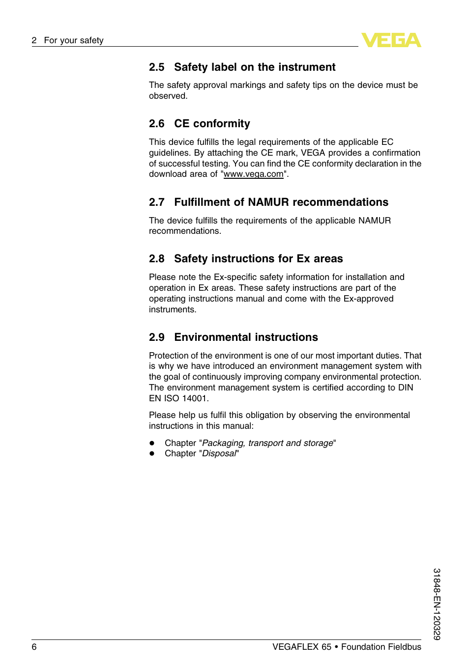 5 safety label on the instrument, 6 ce conformity, 7 fulfillment of namur recommendations | 8 safety instructions for ex areas, 9 environmental instructions | VEGA VEGAFLEX 65 Foundation Fieldbus User Manual | Page 6 / 56