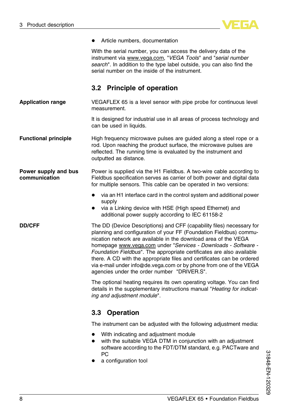 2 principle of operation, 3 operation | VEGA VEGAFLEX 65 Foundation Fieldbus User Manual | Page 8 / 56