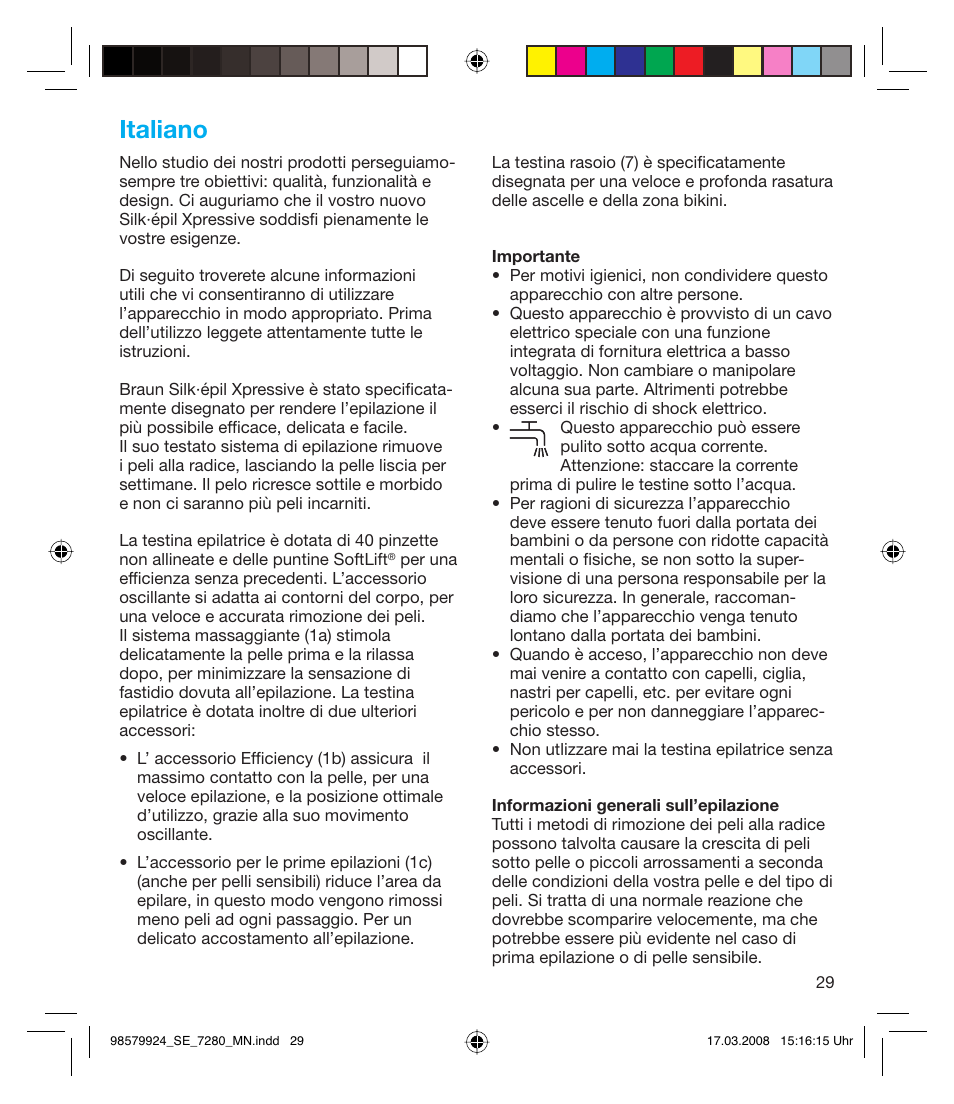 Italiano | Braun SE 7280 SILK EPIL XPRESSIVE User Manual | Page 29 / 106