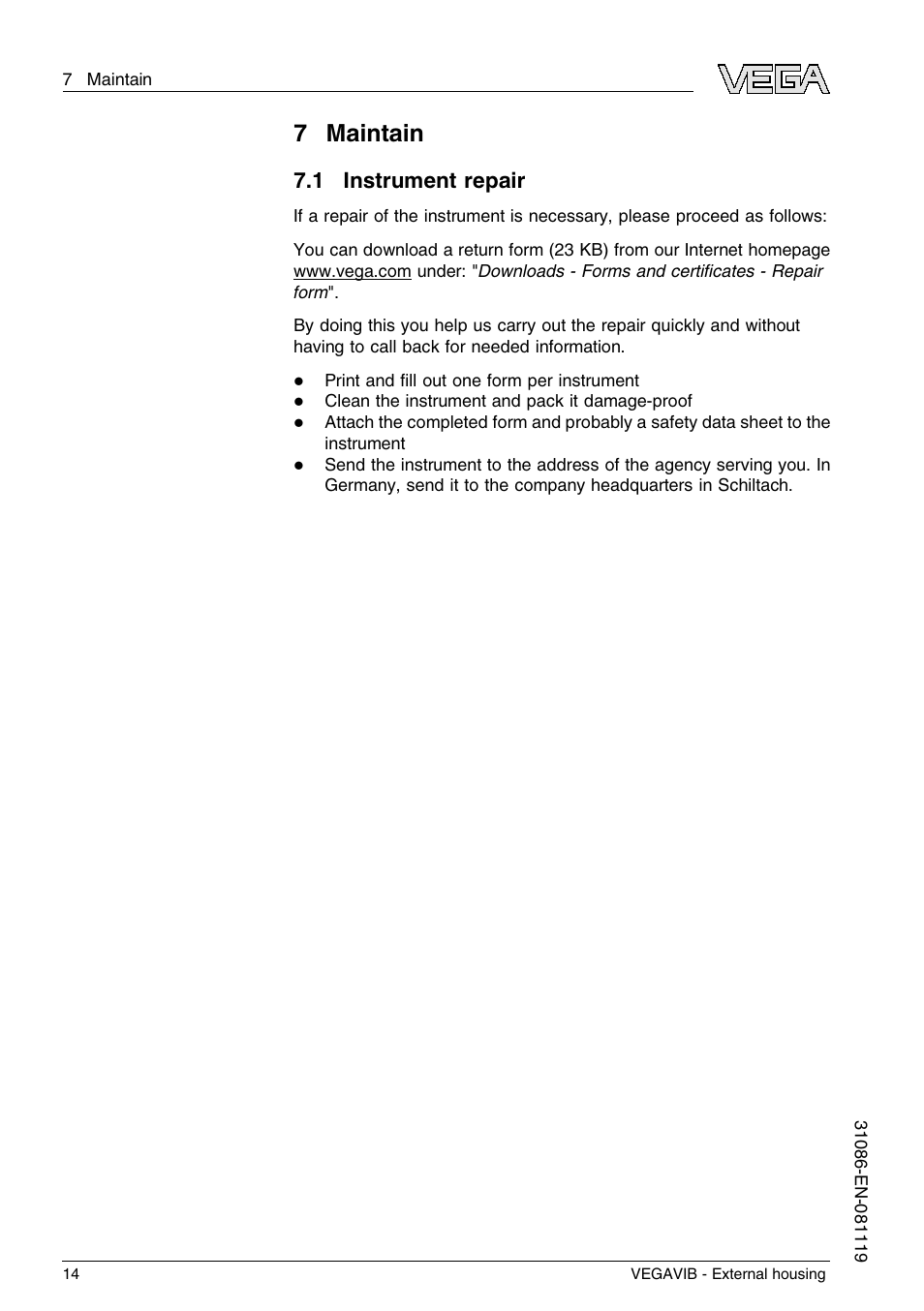 7 maintain, 1 instrument repair, 7maintain | VEGA VEGAVIB - External housing User Manual | Page 14 / 20