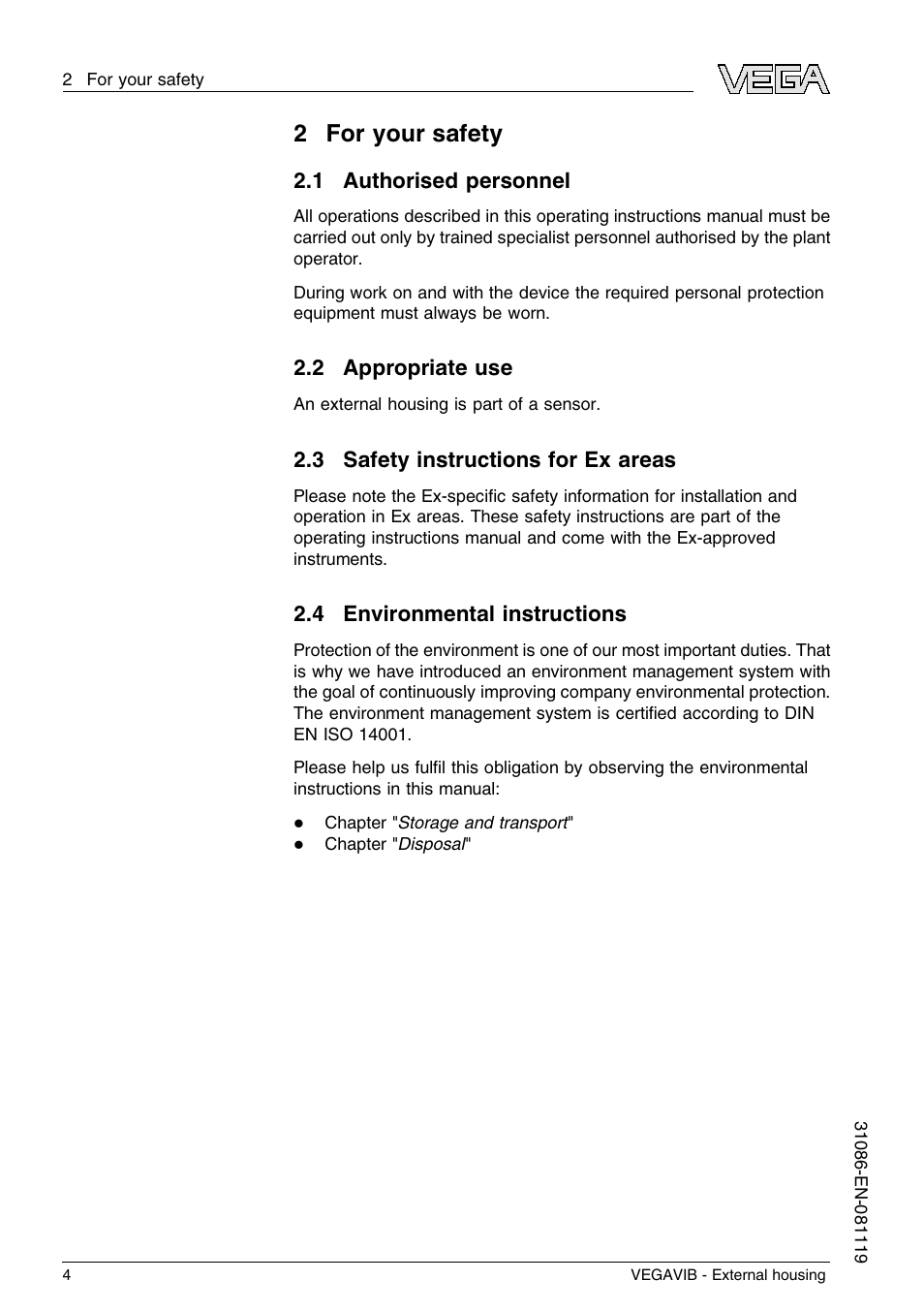 2 for your safety, 1 authorised personnel, 2 appropriate use | 3 safety instructions for ex areas, 4 environmental instructions, 2for your safety | VEGA VEGAVIB - External housing User Manual | Page 4 / 20