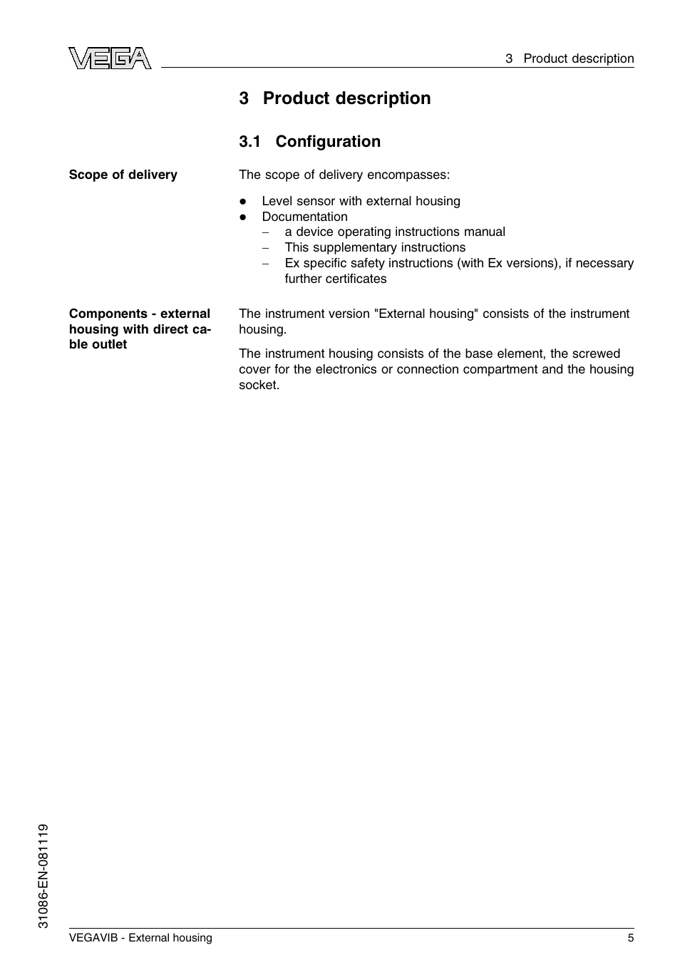 3 product description, 1 configuration, 3product description | 1 conﬁguration | VEGA VEGAVIB - External housing User Manual | Page 5 / 20