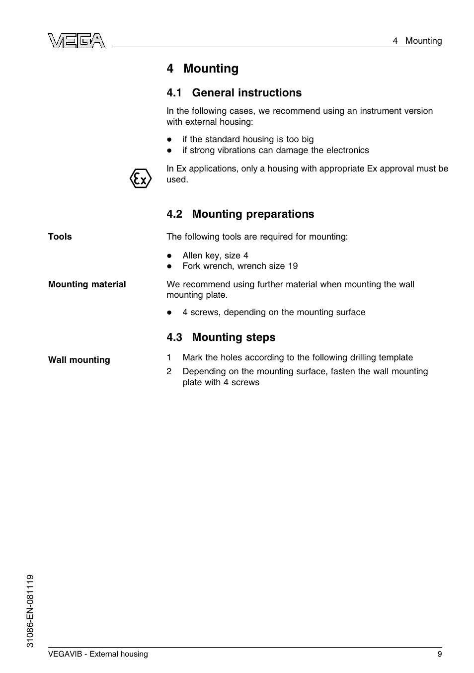 4 mounting, 1 general instructions, 2 mounting preparations | 3 mounting steps, 4mounting | VEGA VEGAVIB - External housing User Manual | Page 9 / 20