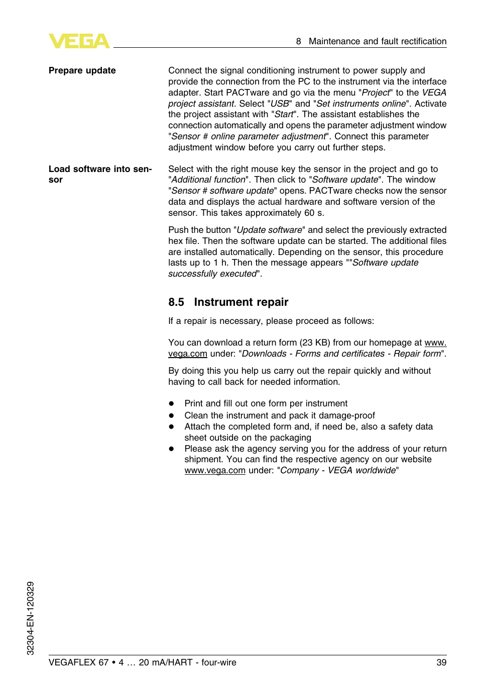 5 instrument repair | VEGA VEGAFLEX 67 (-40…+150°C PFA insulated) 4 … 20 mA_HART four-wire User Manual | Page 39 / 56