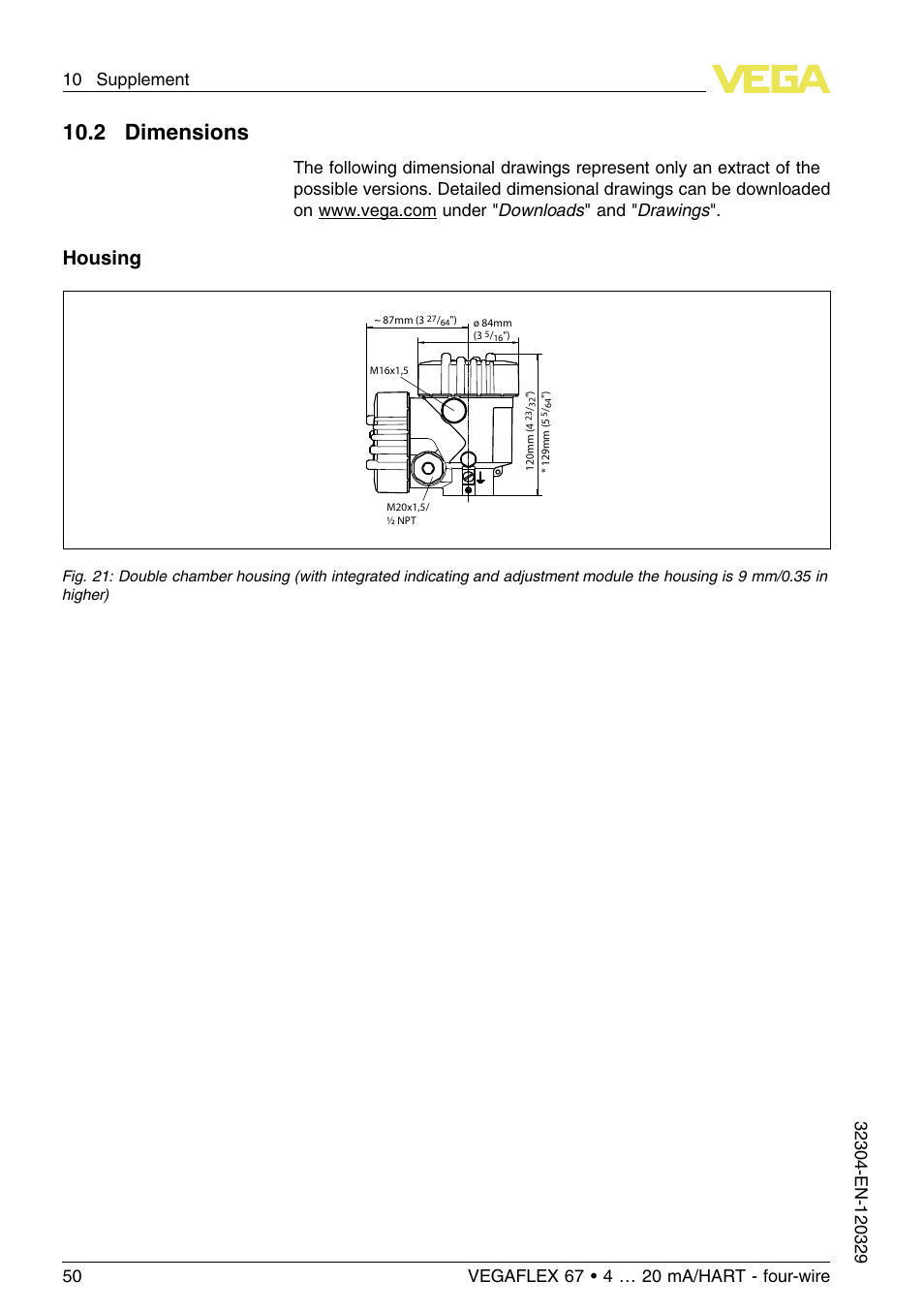 2 dimensions, 10 .2 dimensions, Housing | VEGA VEGAFLEX 67 (-40…+150°C PFA insulated) 4 … 20 mA_HART four-wire User Manual | Page 50 / 56