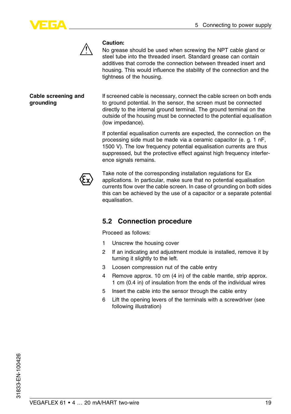 2 connection procedure | VEGA VEGAFLEX 61 4 … 20 mA_HART two-wire User Manual | Page 19 / 64