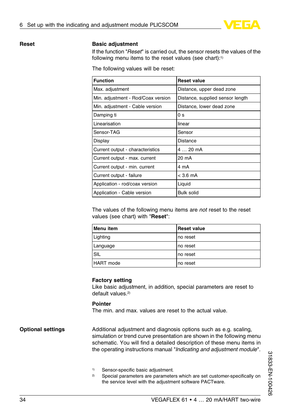 VEGA VEGAFLEX 61 4 … 20 mA_HART two-wire User Manual | Page 34 / 64