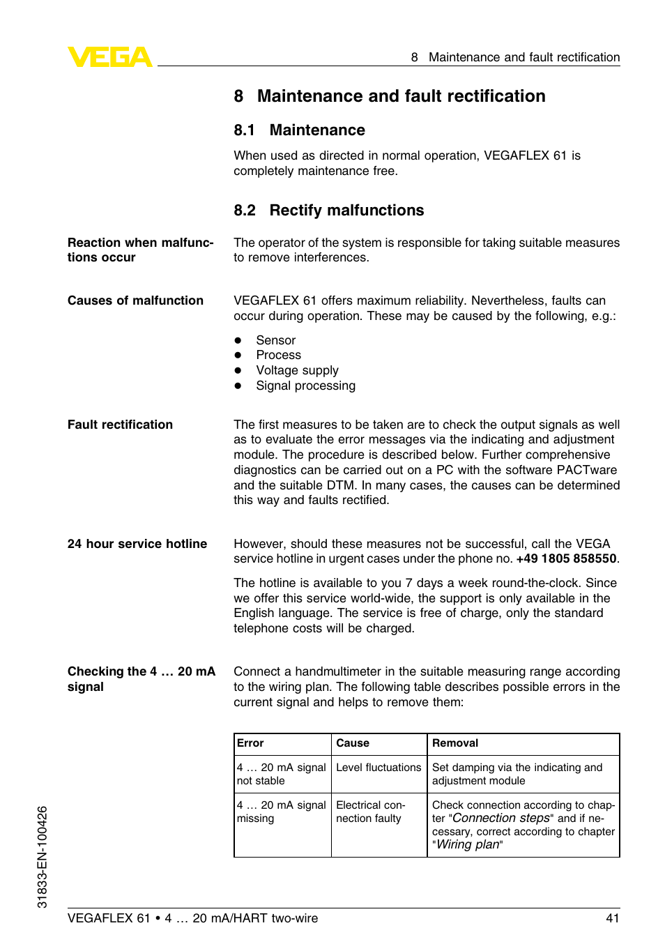 8 maintenance and fault rectification, 1 maintenance, 2 rectify malfunctions | 8maintenance and fault rectiﬁcation | VEGA VEGAFLEX 61 4 … 20 mA_HART two-wire User Manual | Page 41 / 64