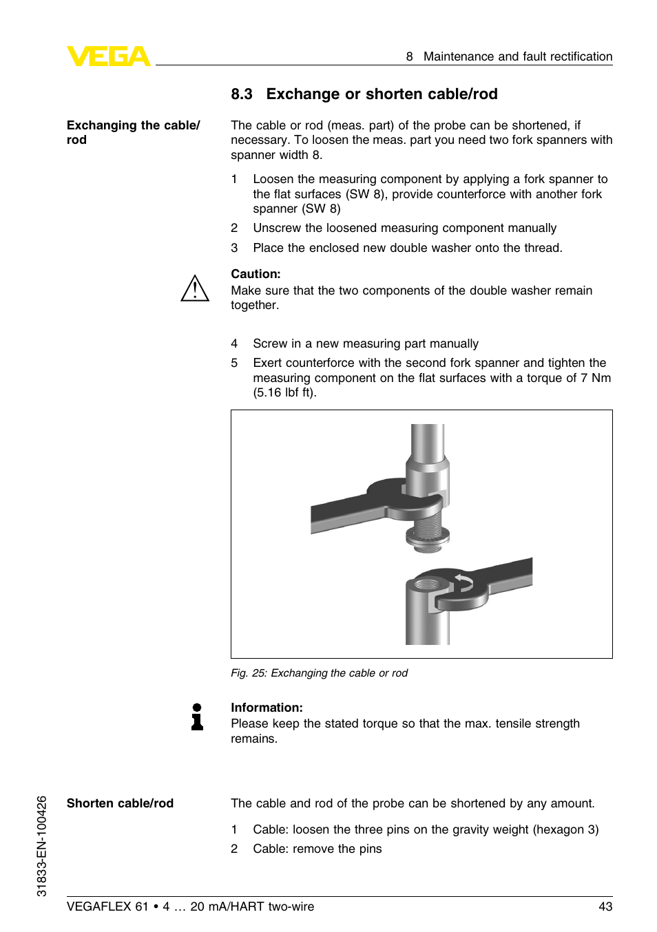 3 exchange or shorten cable/rod | VEGA VEGAFLEX 61 4 … 20 mA_HART two-wire User Manual | Page 43 / 64