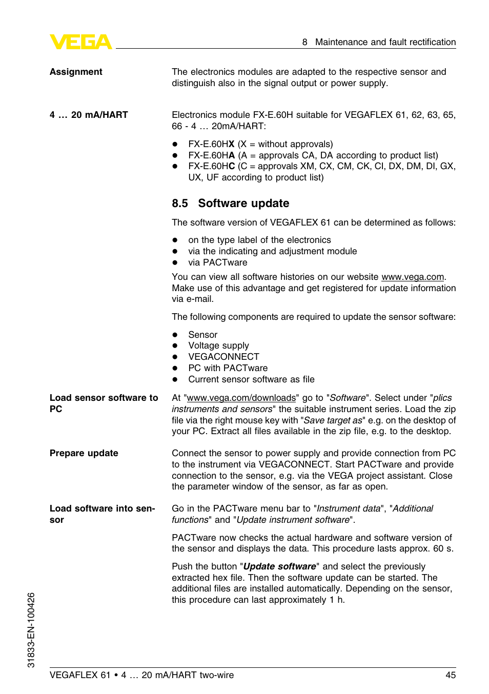 5 software update | VEGA VEGAFLEX 61 4 … 20 mA_HART two-wire User Manual | Page 45 / 64