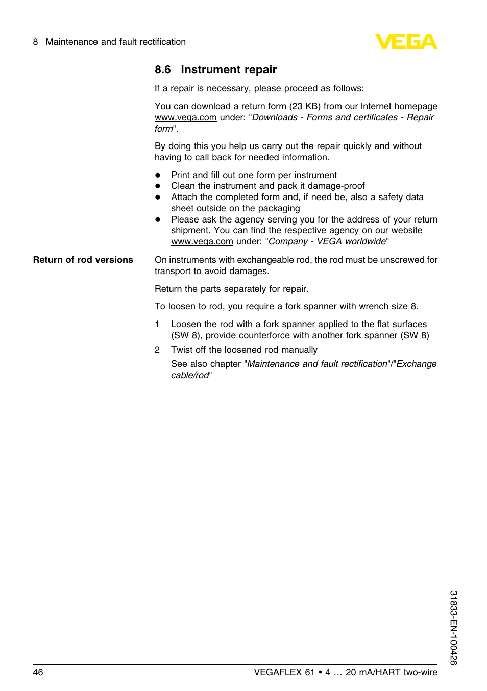 6 instrument repair | VEGA VEGAFLEX 61 4 … 20 mA_HART two-wire User Manual | Page 46 / 64