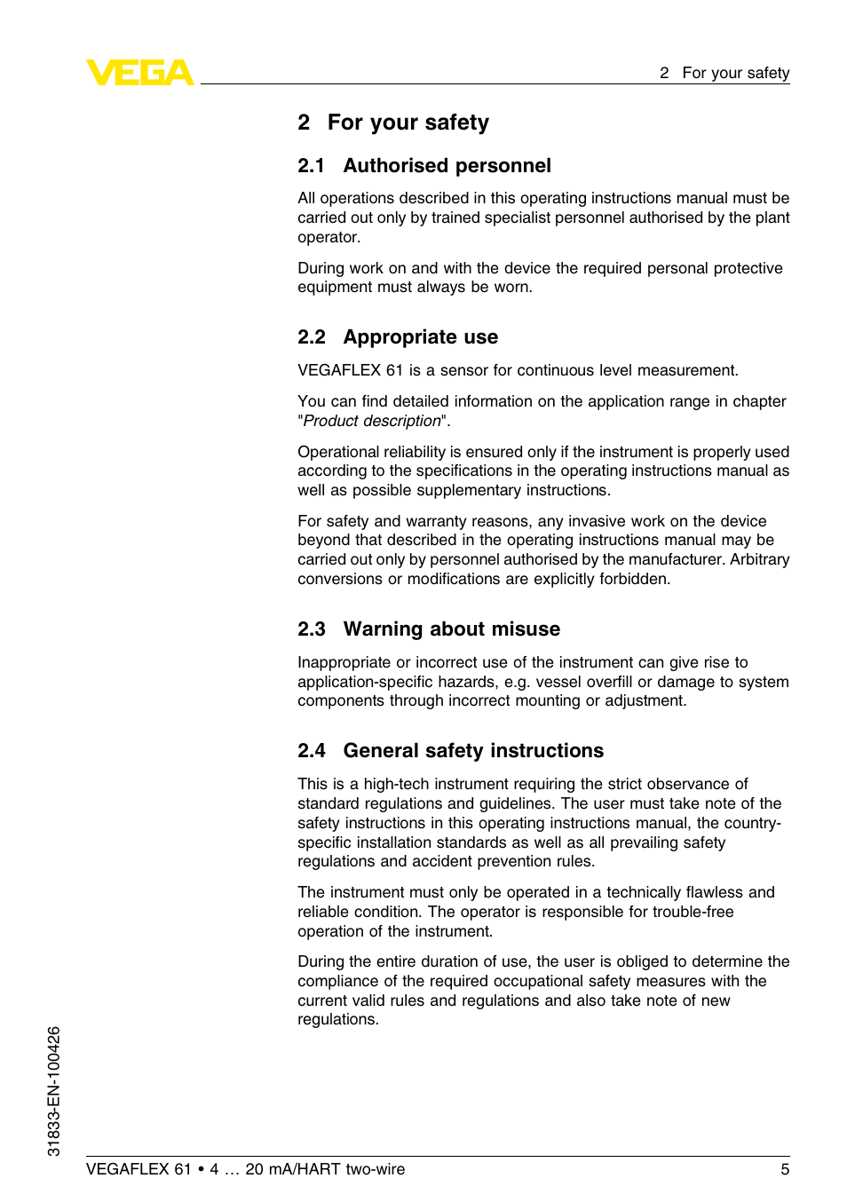 2 for your safety, 1 authorised personnel, 2 appropriate use | 3 warning about misuse, 4 general safety instructions, 2for your safety | VEGA VEGAFLEX 61 4 … 20 mA_HART two-wire User Manual | Page 5 / 64