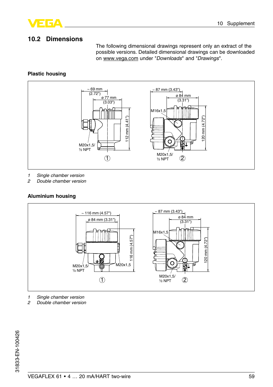 2 dimensions, 10 .2 dimensions | VEGA VEGAFLEX 61 4 … 20 mA_HART two-wire User Manual | Page 59 / 64