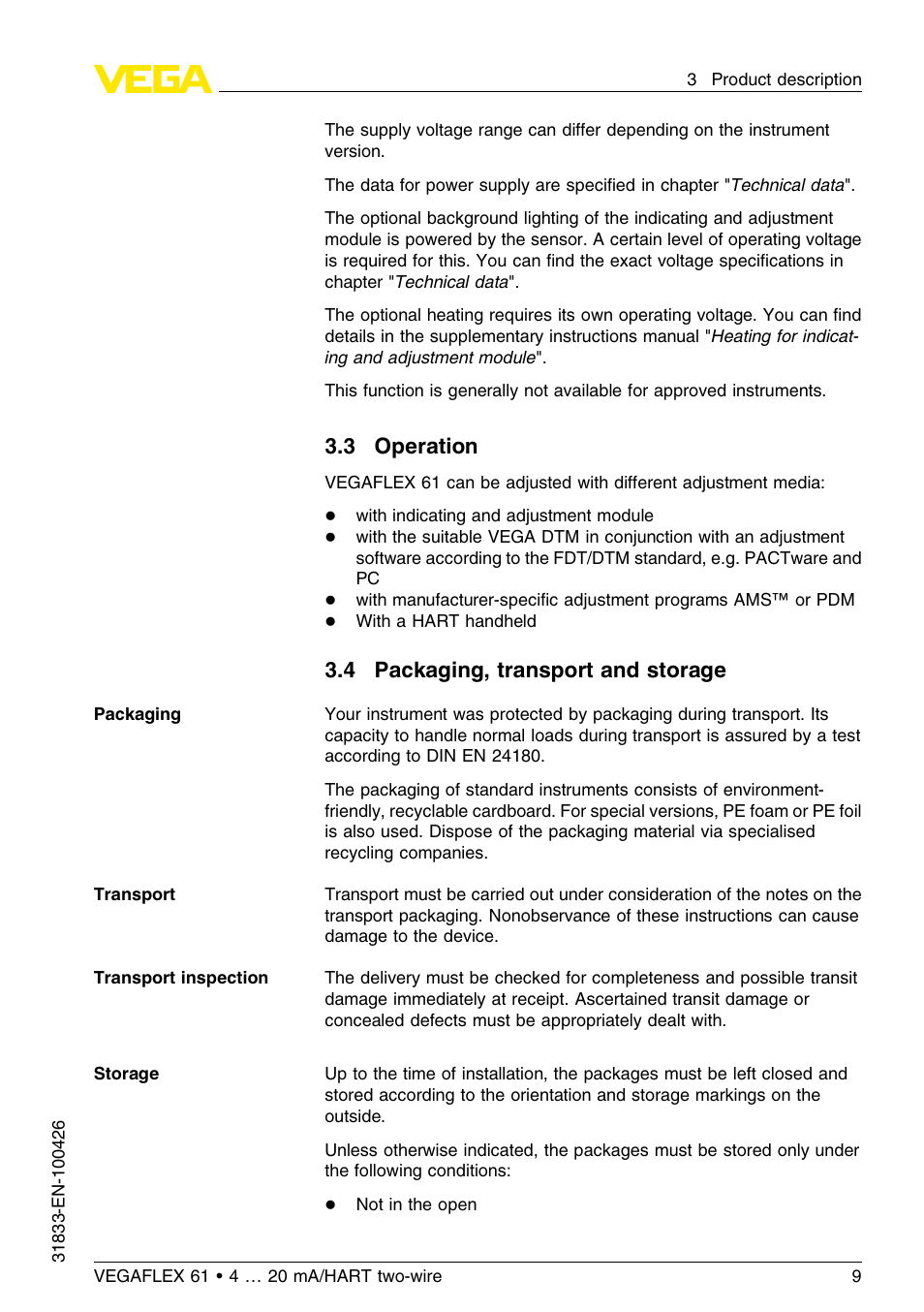 3 operation, 4 packaging, transport and storage | VEGA VEGAFLEX 61 4 … 20 mA_HART two-wire User Manual | Page 9 / 64