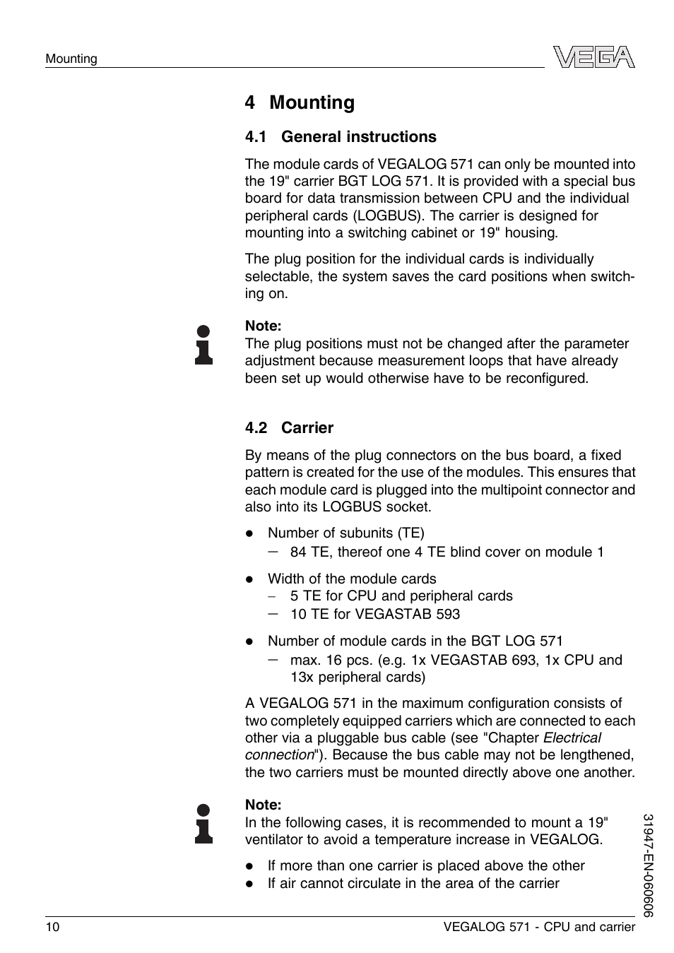 4 mounting, 1 general instructions, 2 carrier | VEGA VEGALOG 571 CPU and carrier User Manual | Page 10 / 36