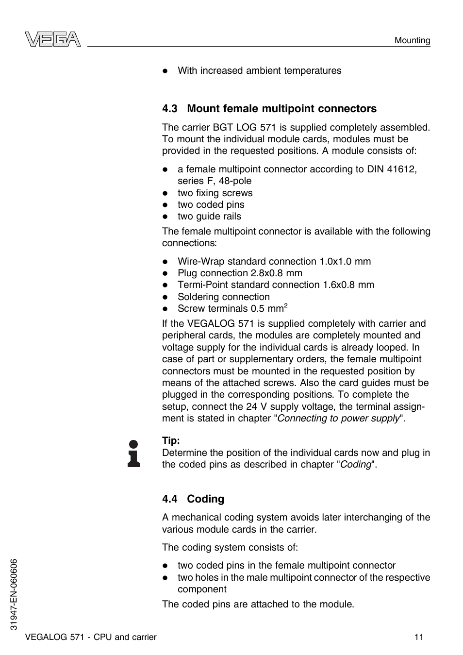 3 mount female multipoint connectors, 4 coding | VEGA VEGALOG 571 CPU and carrier User Manual | Page 11 / 36