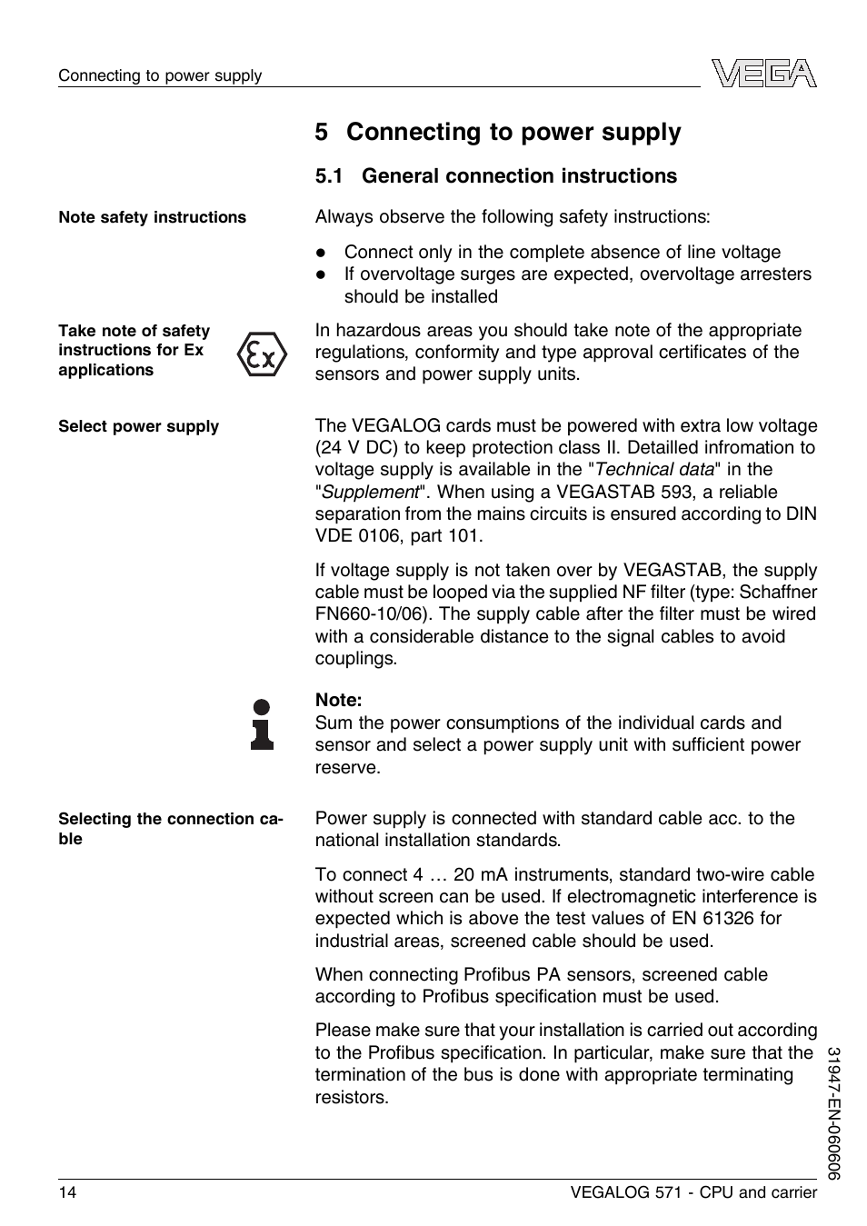 5 connecting to power supply, 1 general connection instructions | VEGA VEGALOG 571 CPU and carrier User Manual | Page 14 / 36