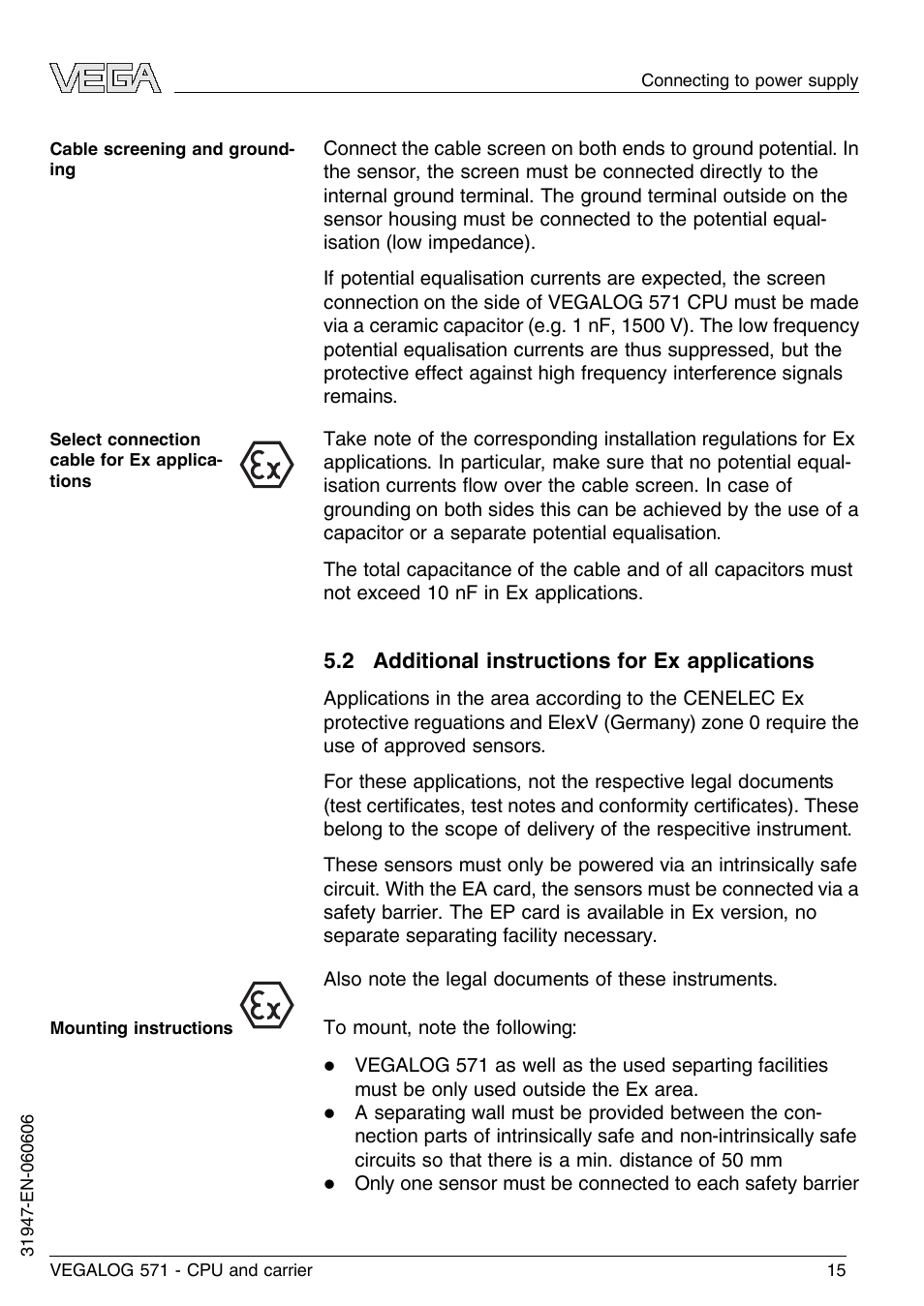 2 additional instructions for ex applications | VEGA VEGALOG 571 CPU and carrier User Manual | Page 15 / 36