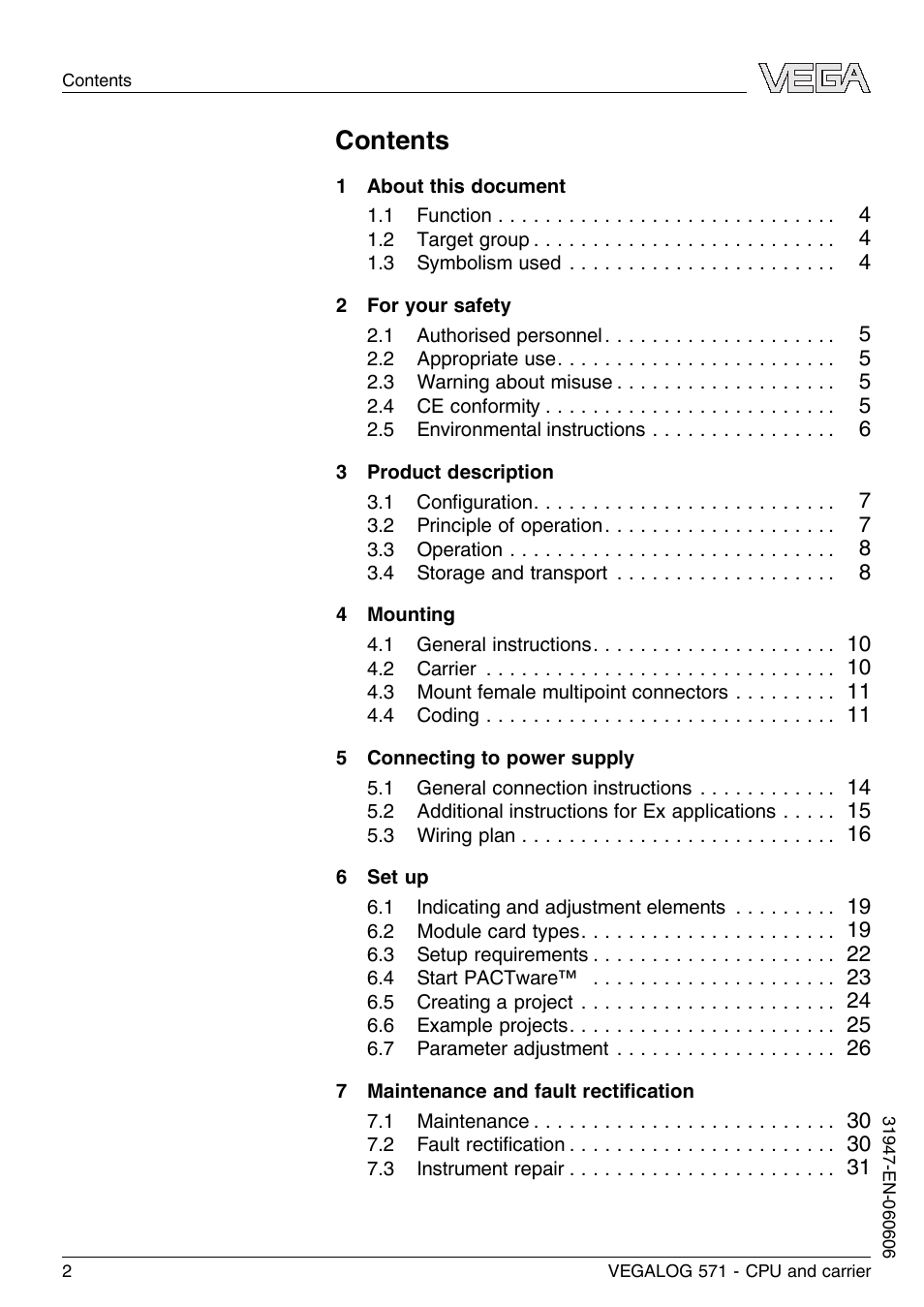 VEGA VEGALOG 571 CPU and carrier User Manual | Page 2 / 36