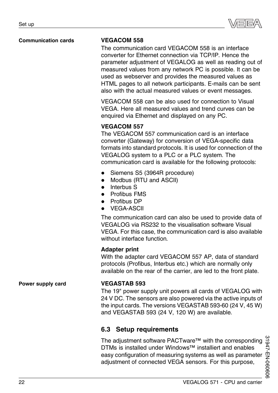 3 setup requirements | VEGA VEGALOG 571 CPU and carrier User Manual | Page 22 / 36