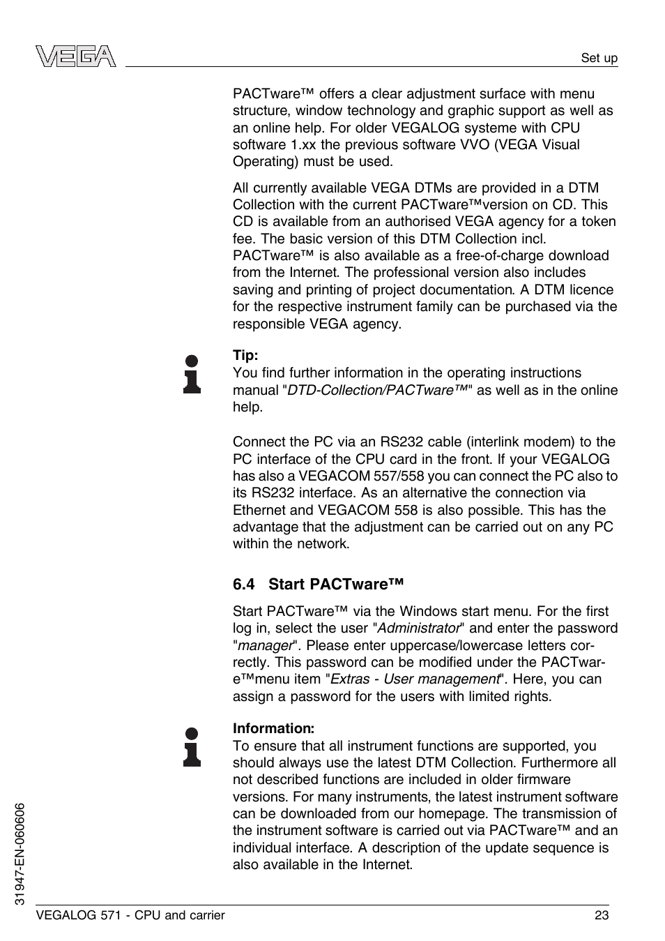 4 start pactware | VEGA VEGALOG 571 CPU and carrier User Manual | Page 23 / 36