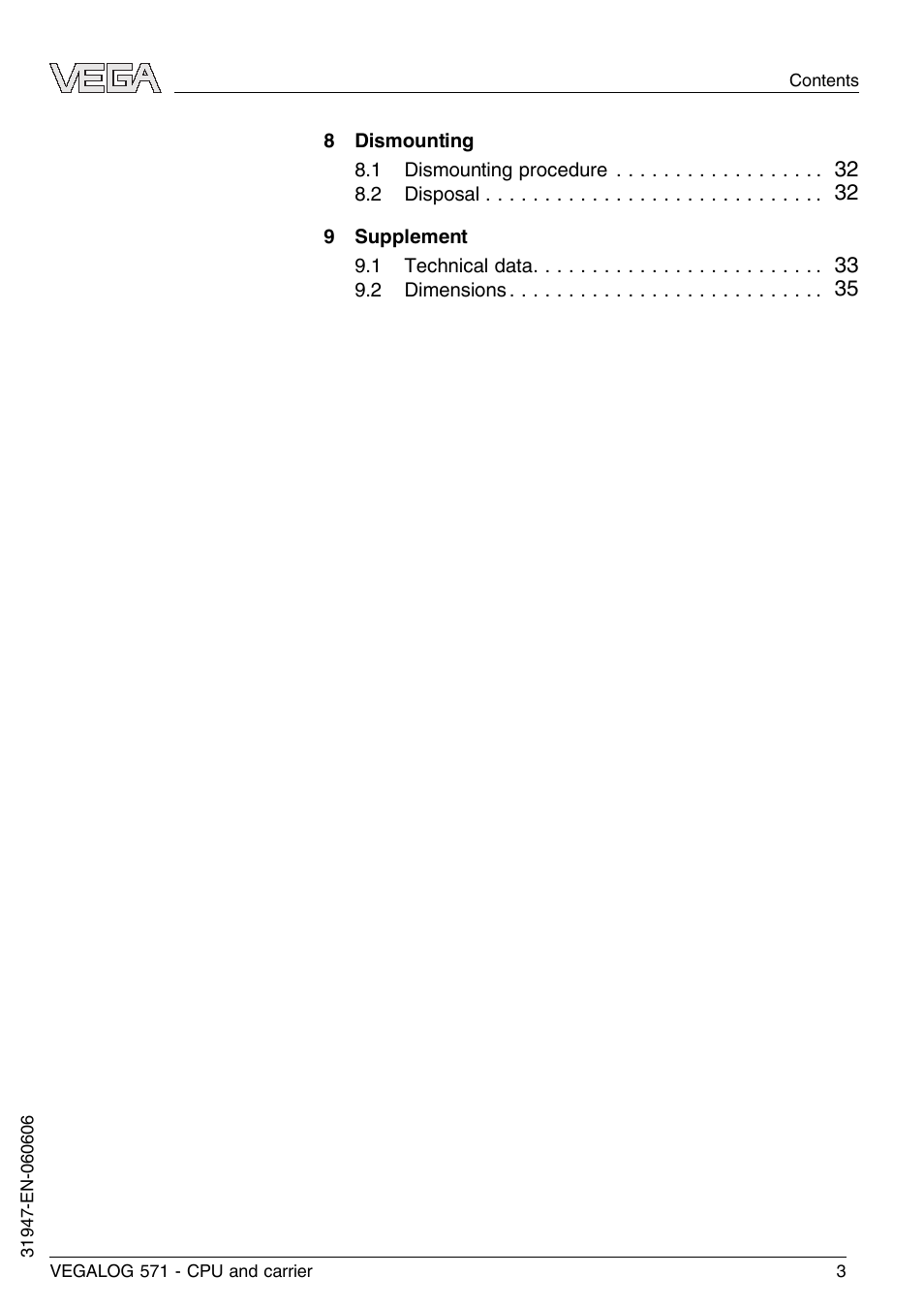VEGA VEGALOG 571 CPU and carrier User Manual | Page 3 / 36