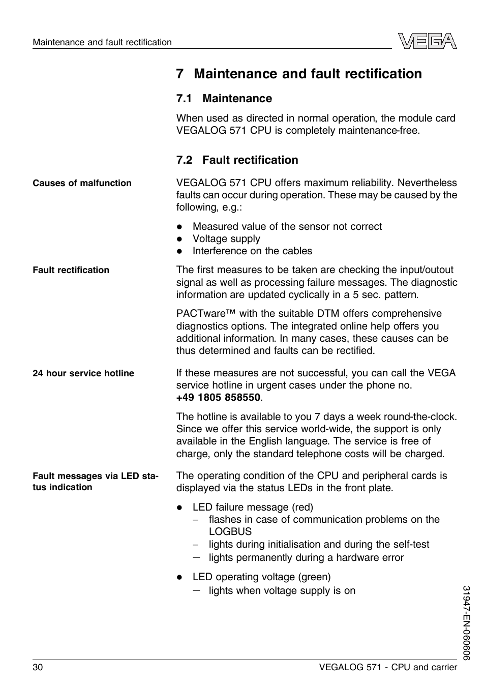 7 maintenance and fault rectification, 1 maintenance, 2 fault rectification | 7 maintenance and fault rectiﬁcation | VEGA VEGALOG 571 CPU and carrier User Manual | Page 30 / 36