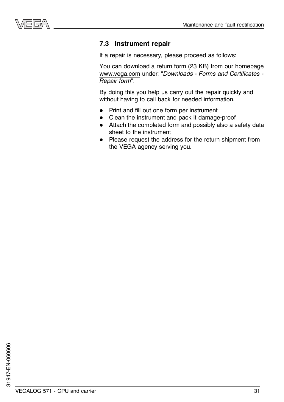 3 instrument repair | VEGA VEGALOG 571 CPU and carrier User Manual | Page 31 / 36