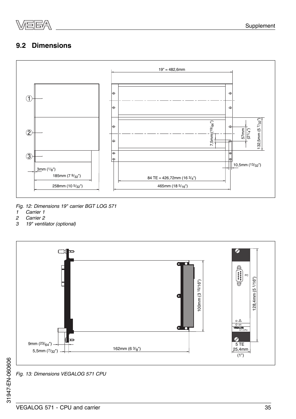 2 dimensions | VEGA VEGALOG 571 CPU and carrier User Manual | Page 35 / 36