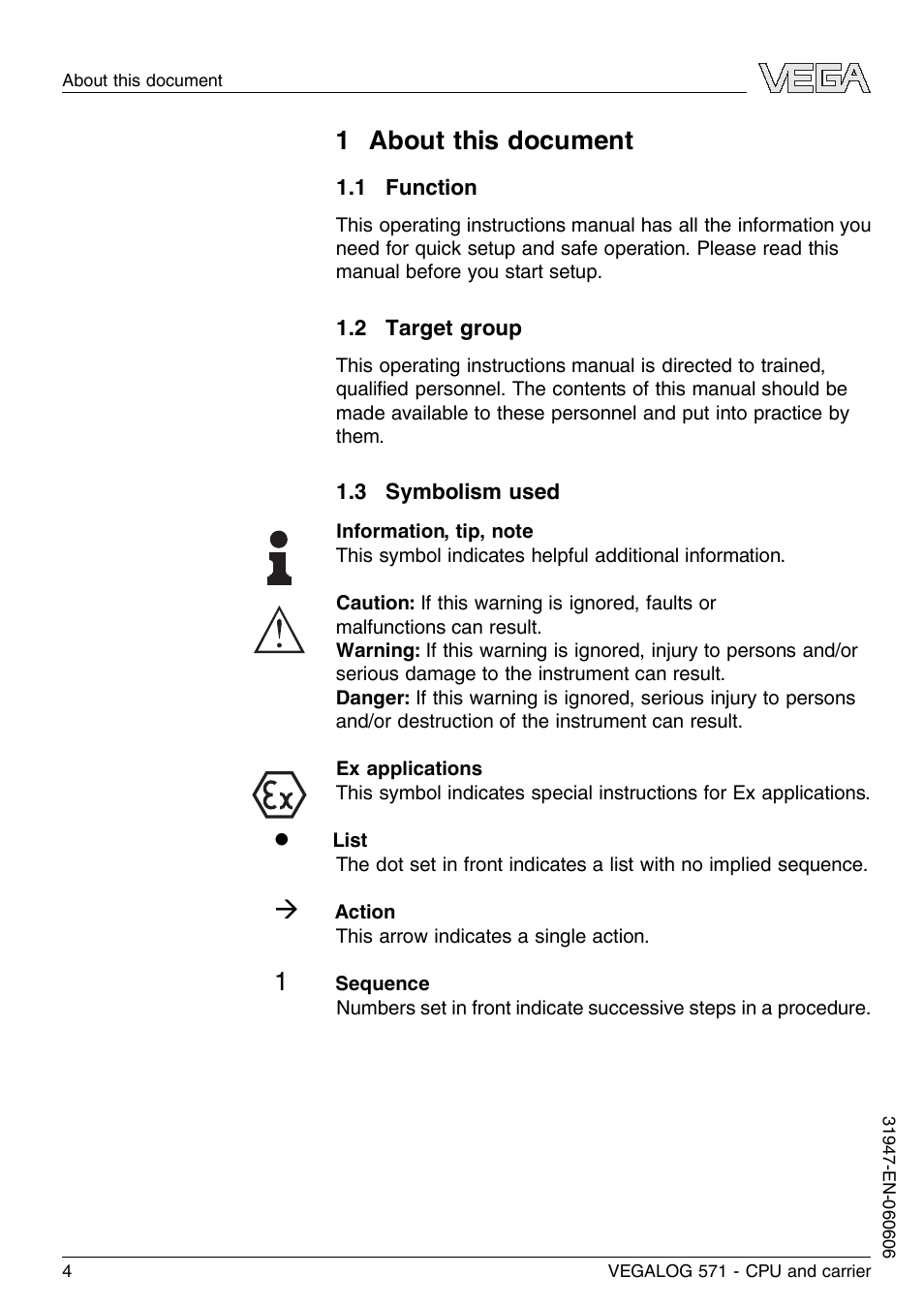 1 about this document, 1 function, 2 target group | 3 symbolism used | VEGA VEGALOG 571 CPU and carrier User Manual | Page 4 / 36