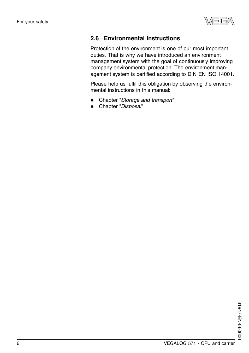 6 environmental instructions | VEGA VEGALOG 571 CPU and carrier User Manual | Page 6 / 36