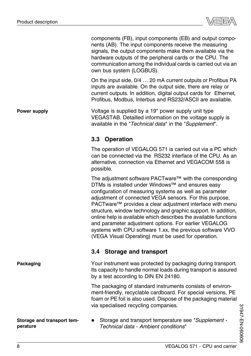 3 operation, 4 storage and transport | VEGA VEGALOG 571 CPU and carrier User Manual | Page 8 / 36