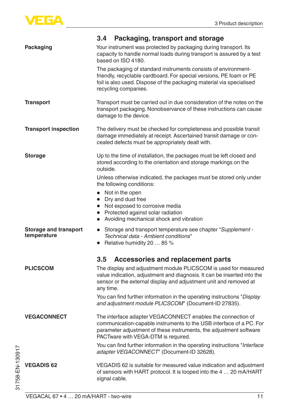 4 packaging, transport and storage, 5 accessories and replacement parts | VEGA VEGACAL 67 4 … 20 mA_HART - two-wire User Manual | Page 11 / 52