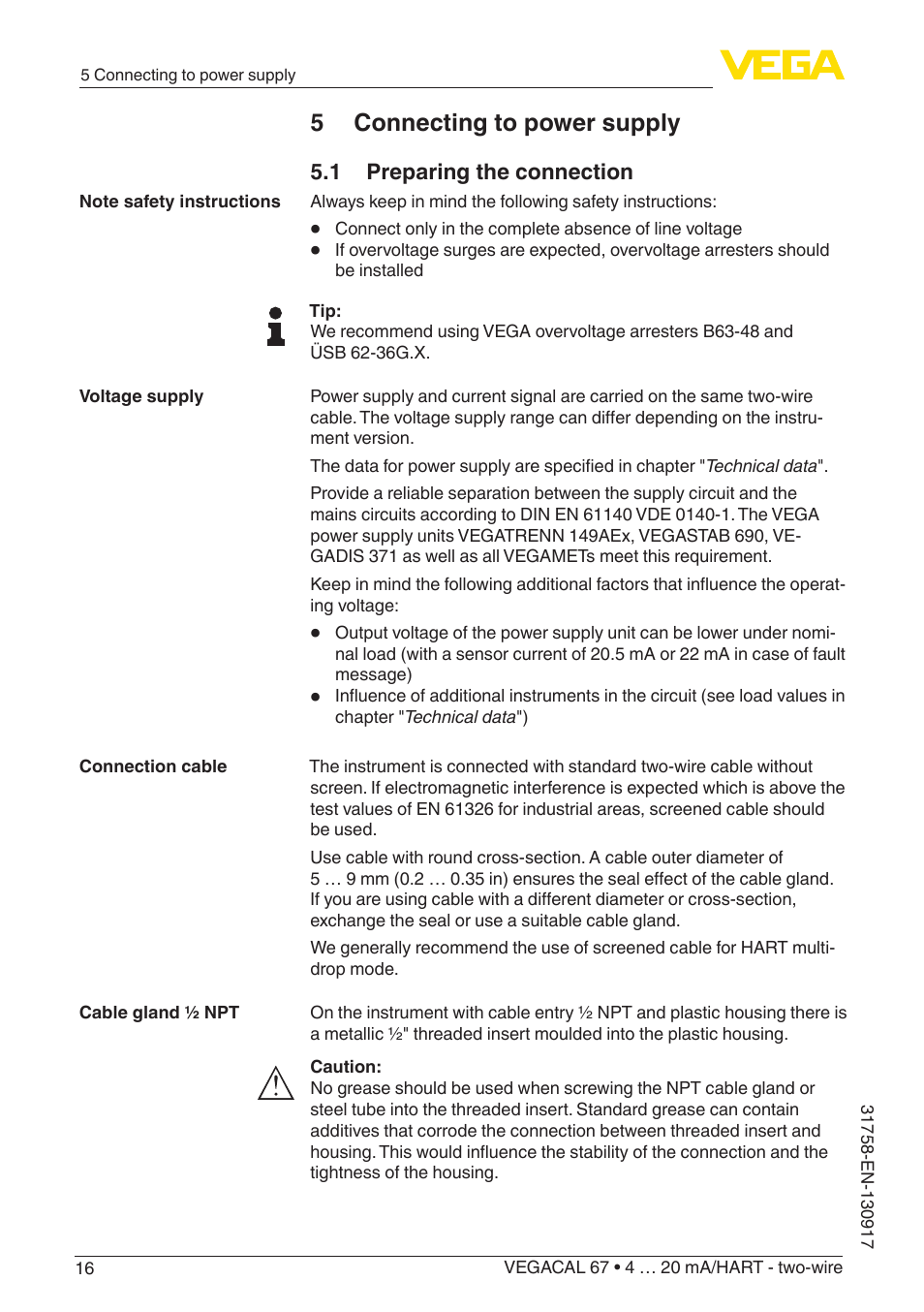 5 connecting to power supply, 1 preparing the connection | VEGA VEGACAL 67 4 … 20 mA_HART - two-wire User Manual | Page 16 / 52