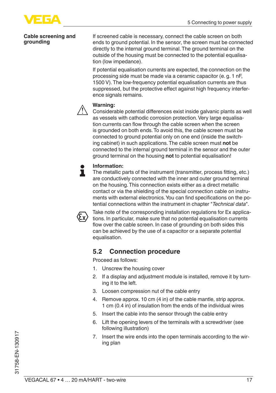 2 connection procedure | VEGA VEGACAL 67 4 … 20 mA_HART - two-wire User Manual | Page 17 / 52