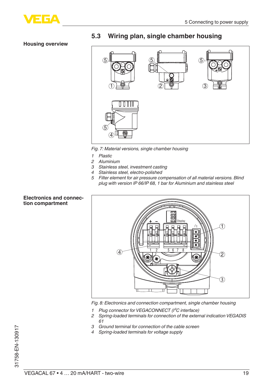 3 wiring plan, single chamber housing | VEGA VEGACAL 67 4 … 20 mA_HART - two-wire User Manual | Page 19 / 52