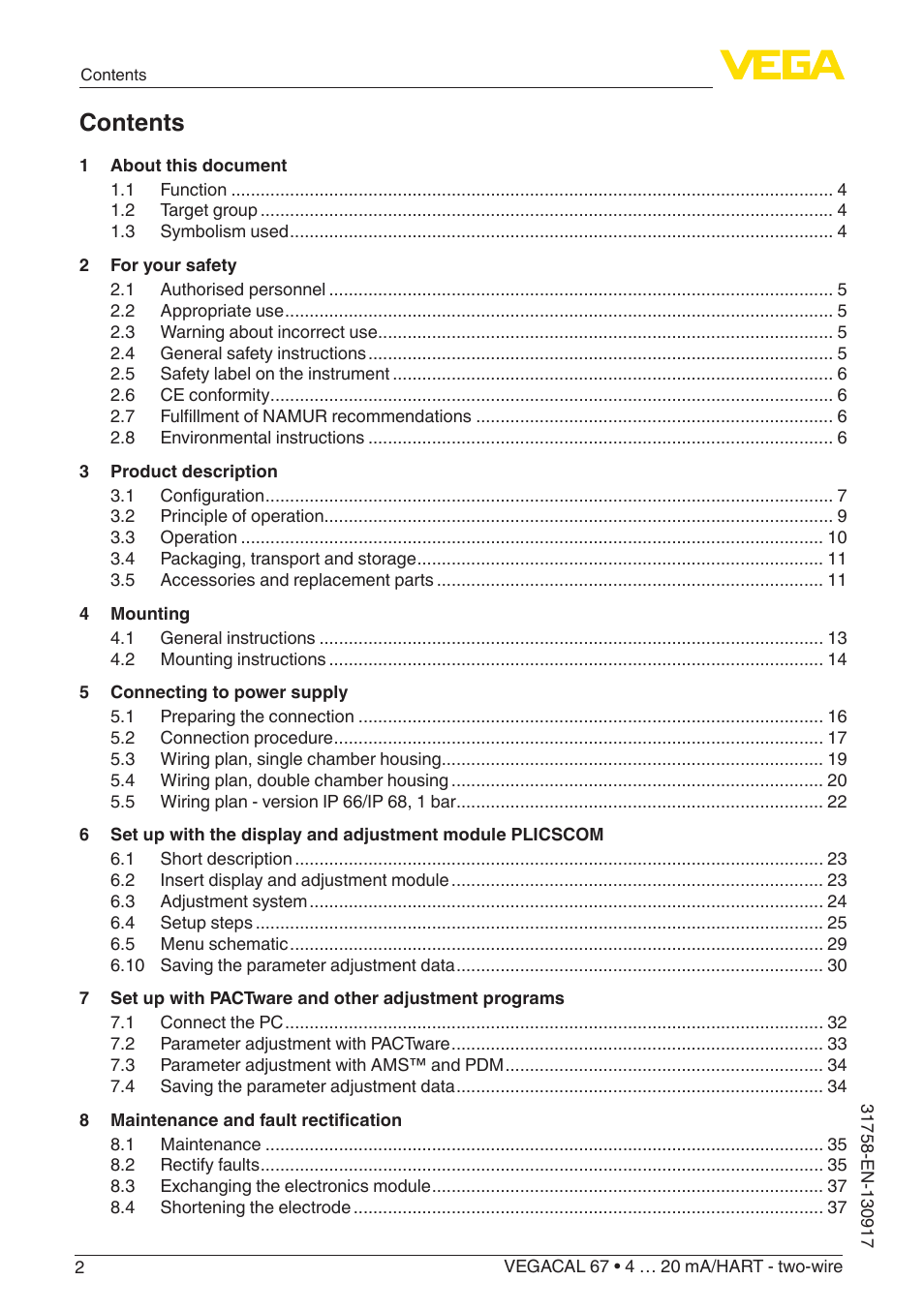 VEGA VEGACAL 67 4 … 20 mA_HART - two-wire User Manual | Page 2 / 52