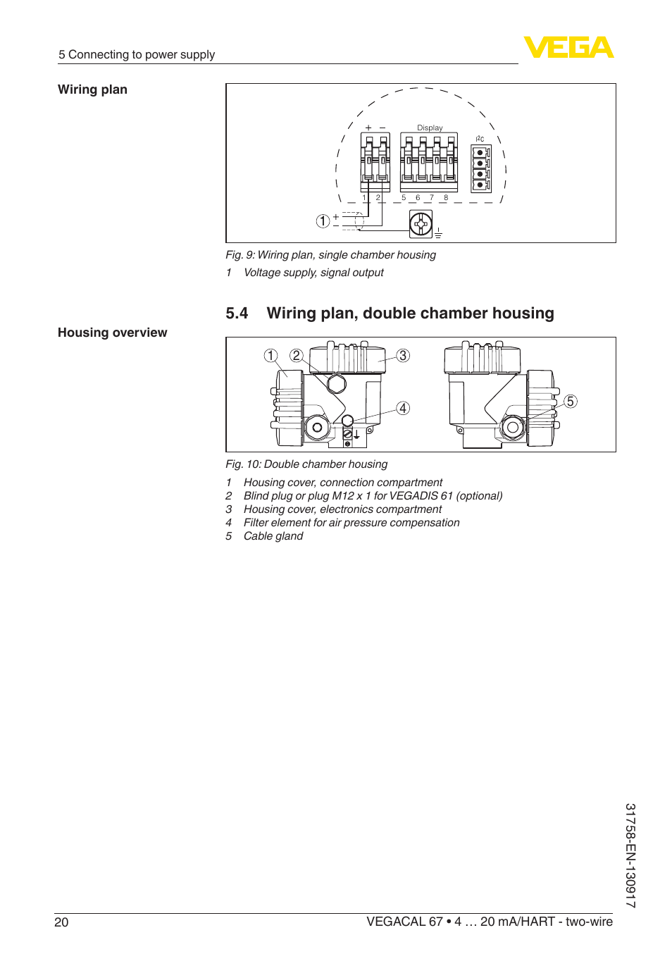 4 wiring plan, double chamber housing | VEGA VEGACAL 67 4 … 20 mA_HART - two-wire User Manual | Page 20 / 52