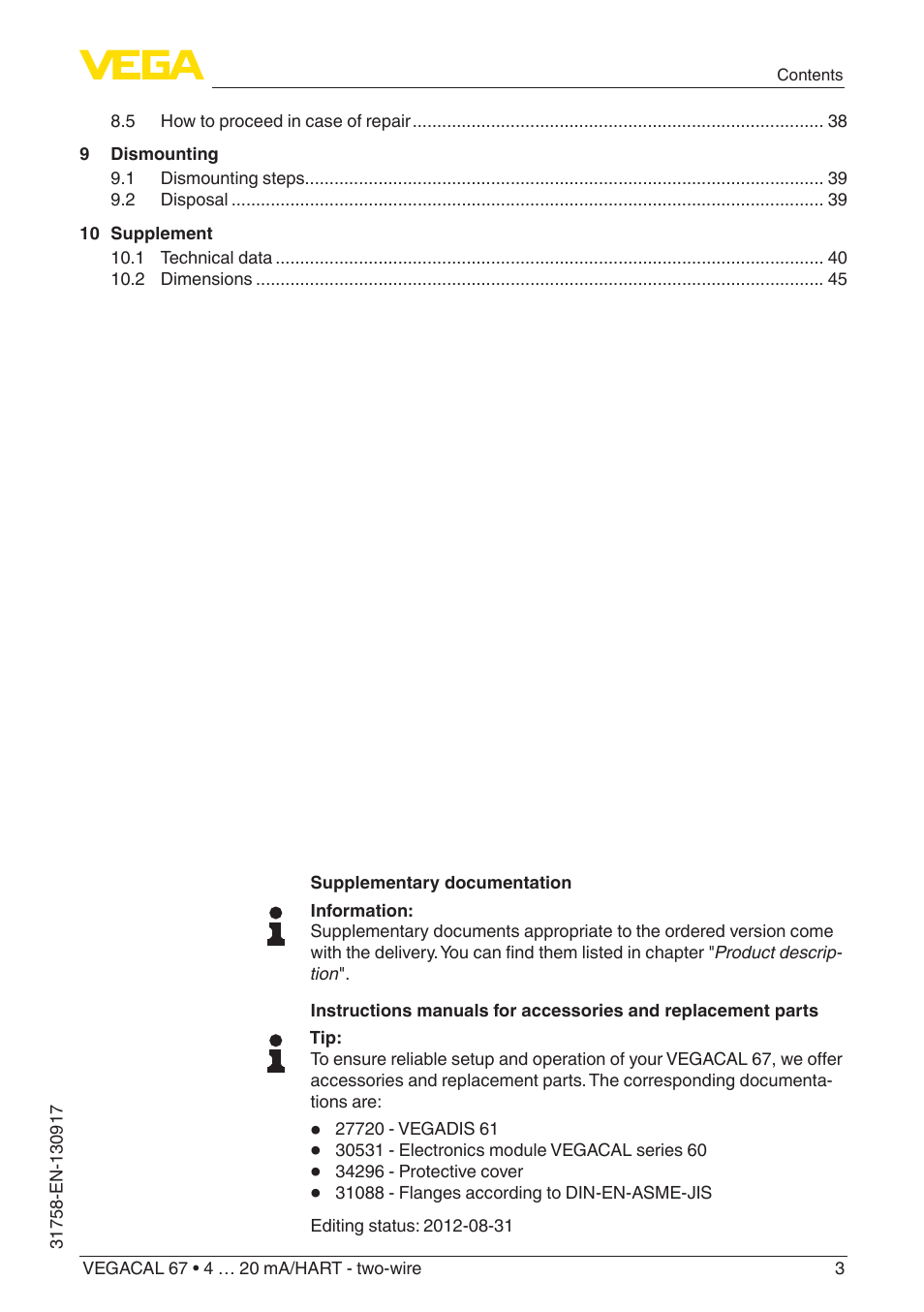 VEGA VEGACAL 67 4 … 20 mA_HART - two-wire User Manual | Page 3 / 52