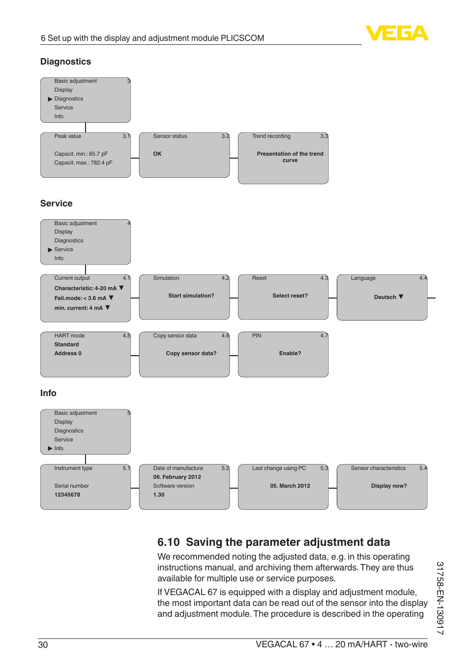 10 saving the parameter adjustment data, Service, Info | VEGA VEGACAL 67 4 … 20 mA_HART - two-wire User Manual | Page 30 / 52