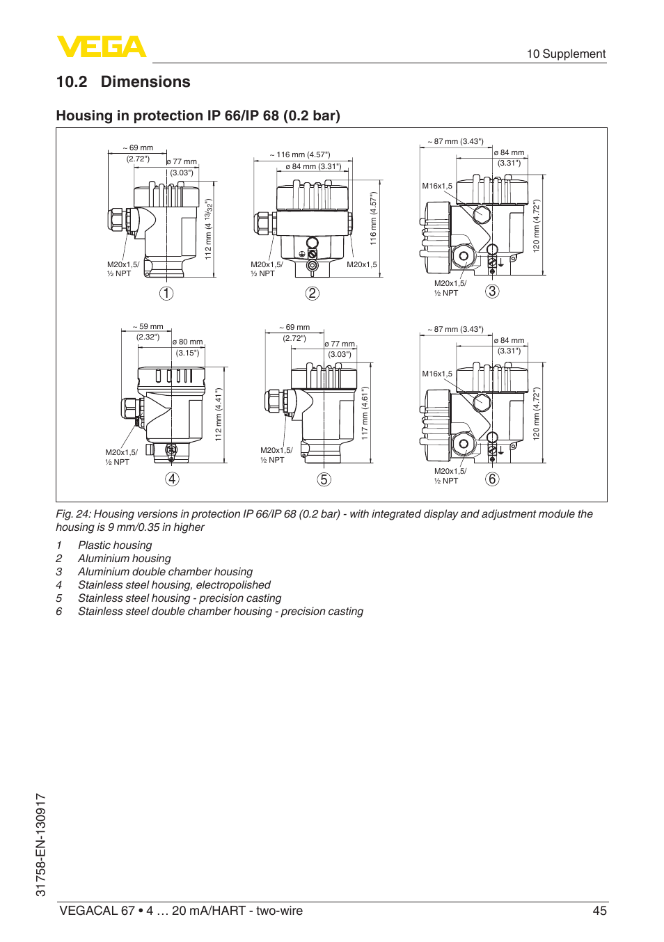 2 dimensions, 10 supplement | VEGA VEGACAL 67 4 … 20 mA_HART - two-wire User Manual | Page 45 / 52