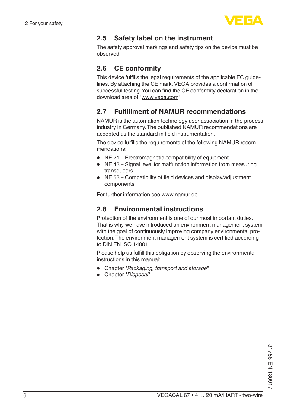 5 safety label on the instrument, 6 ce conformity, 7 fulfillment of namur recommendations | 8 environmental instructions | VEGA VEGACAL 67 4 … 20 mA_HART - two-wire User Manual | Page 6 / 52
