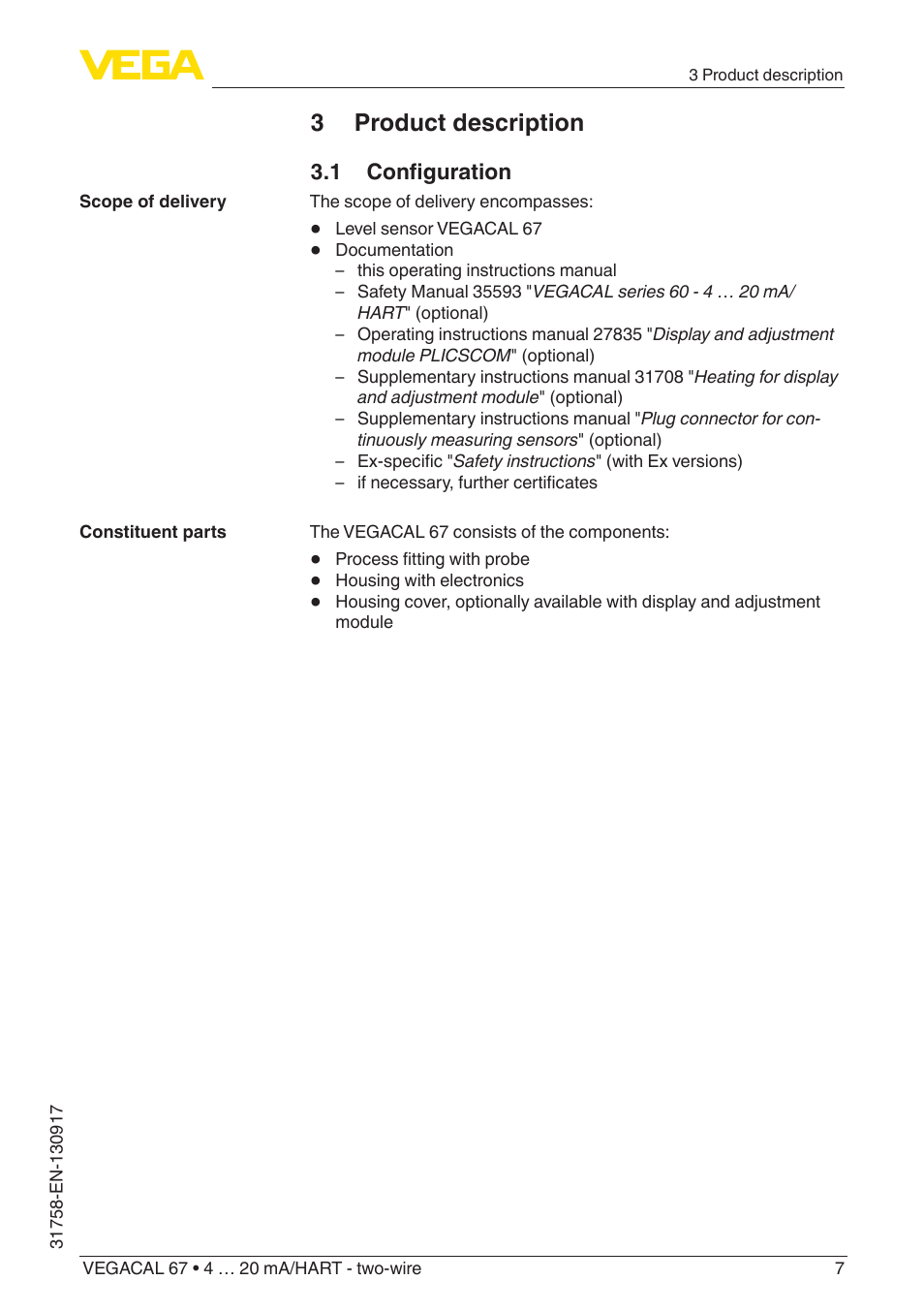 3 product description, 1 configuration | VEGA VEGACAL 67 4 … 20 mA_HART - two-wire User Manual | Page 7 / 52