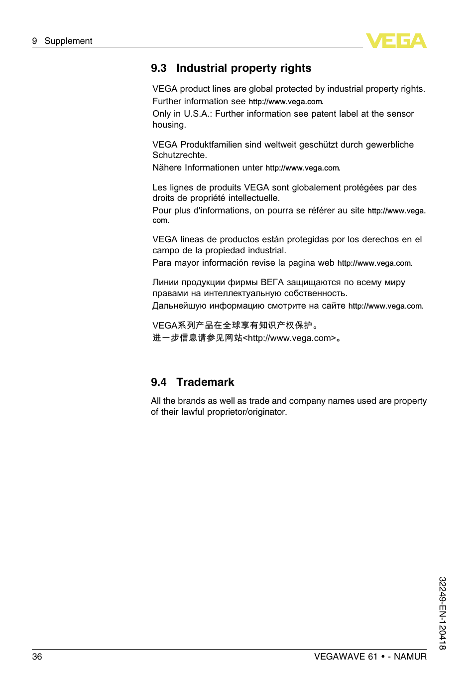 3 industrial property rights, 4 trademark | VEGA VEGAWAVE 61 - NAMUR User Manual | Page 36 / 40