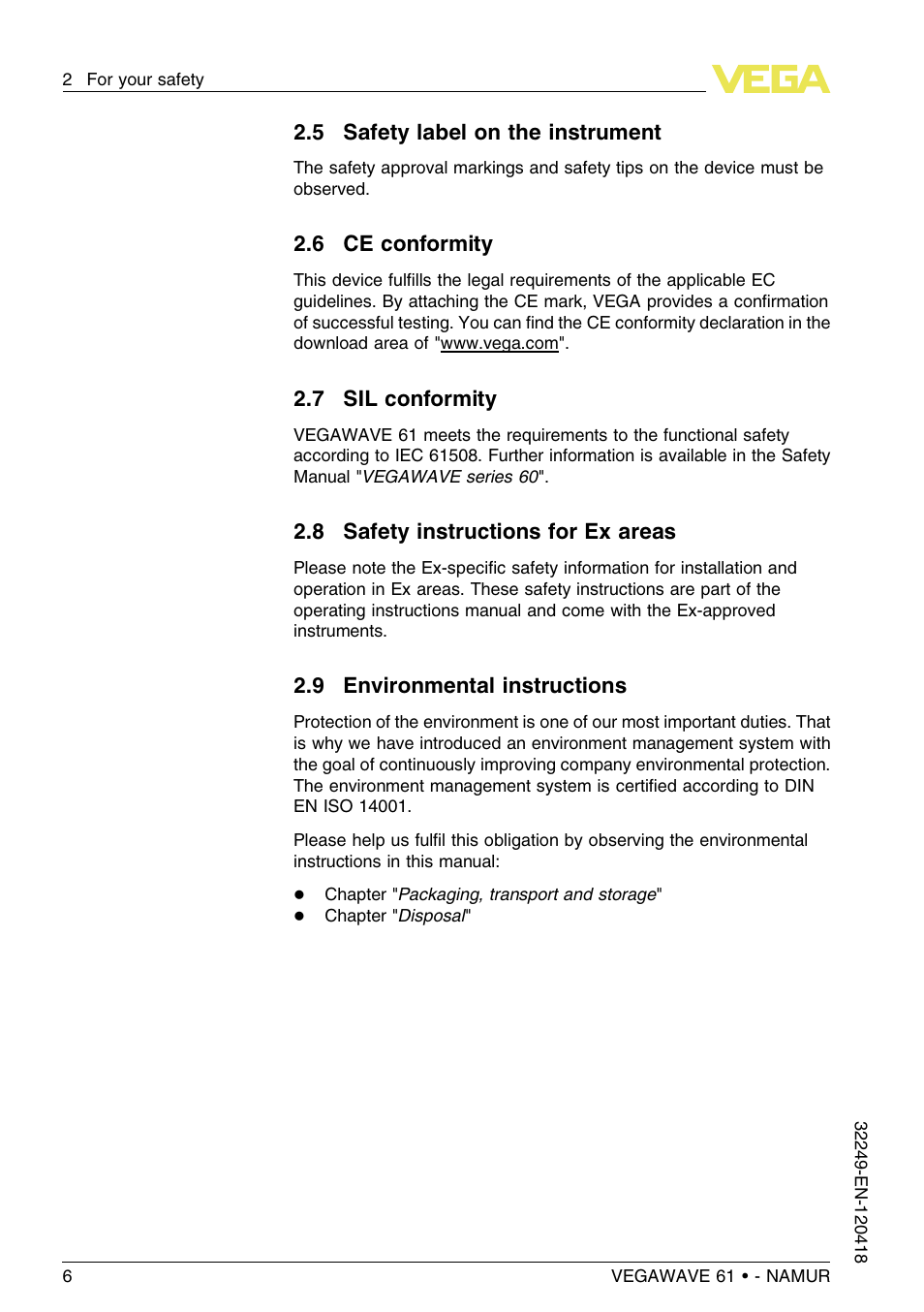 5 safety label on the instrument, 6 ce conformity, 7 sil conformity | 8 safety instructions for ex areas, 9 environmental instructions | VEGA VEGAWAVE 61 - NAMUR User Manual | Page 6 / 40