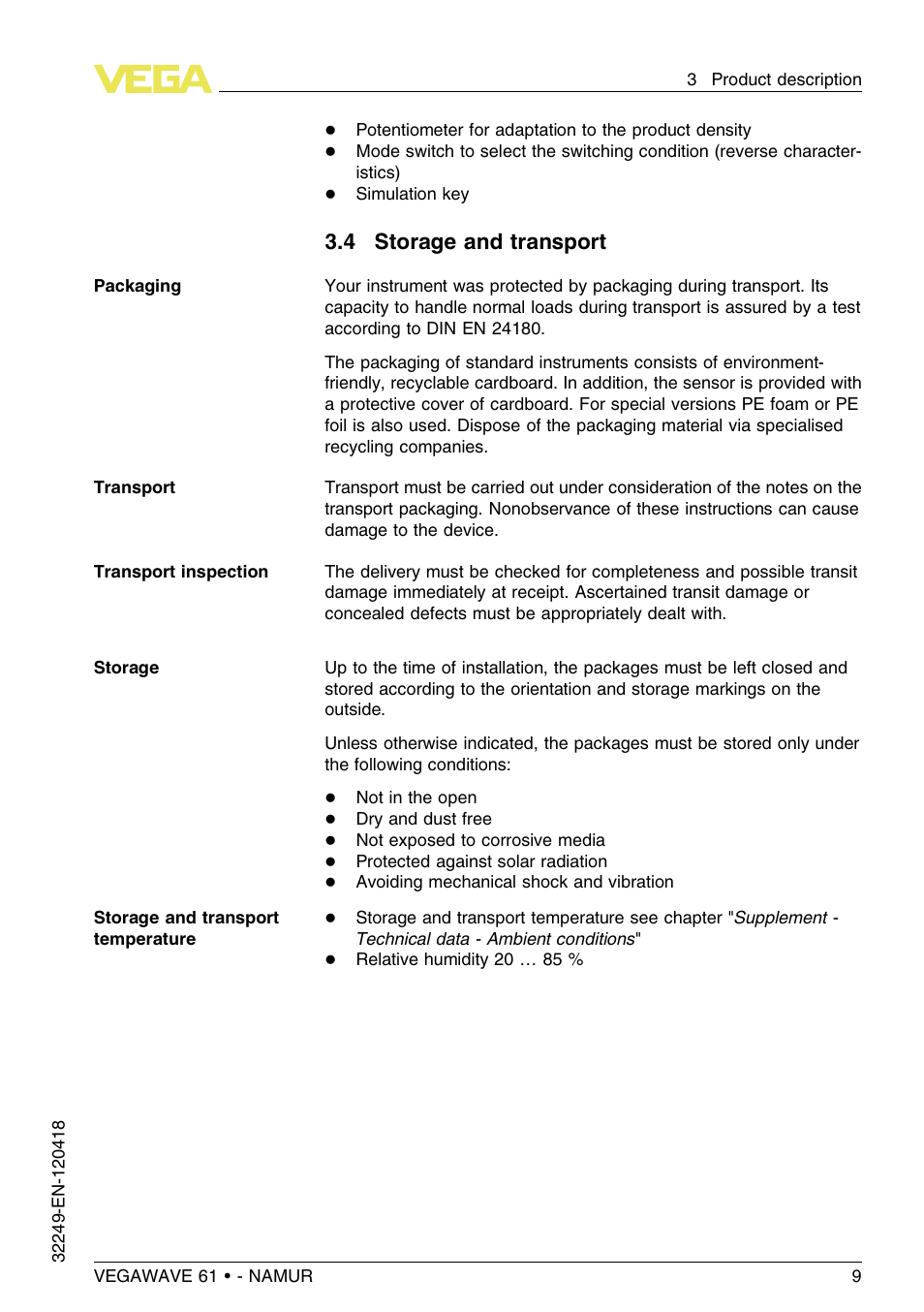 4 storage and transport | VEGA VEGAWAVE 61 - NAMUR User Manual | Page 9 / 40